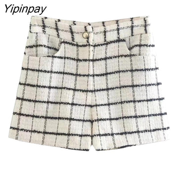 Yipinpay Cropped Women Plaid Blazer Jacket 2023 Autumn Female Fashion Streetwear Ladies Coat Pockets Short Long Sleeve Girls Outfit